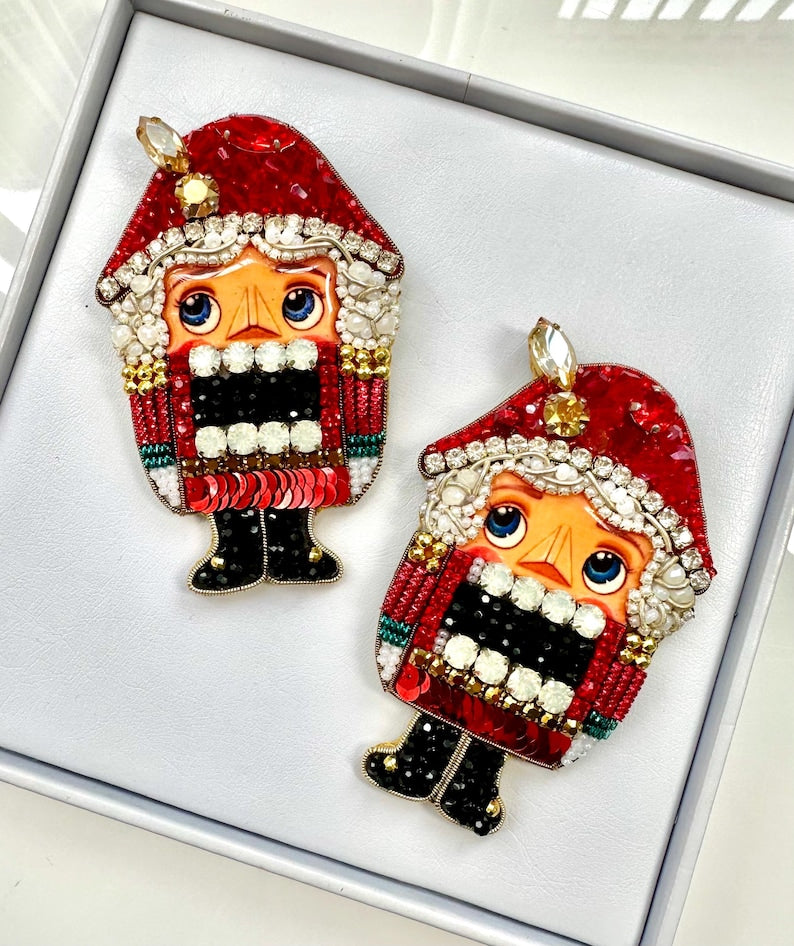 Hand-Embroidered Nutcracker Brooch: Christmas Pin, New Year Gift