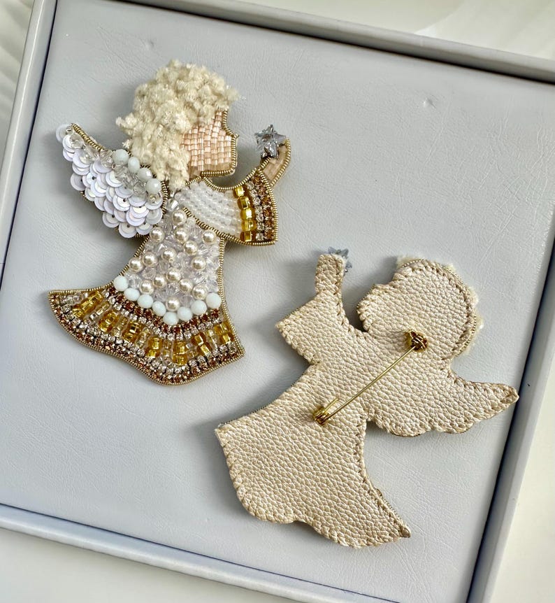 Hand-Embroidered Christmas Angel Brooch: Gold Holiday Pin