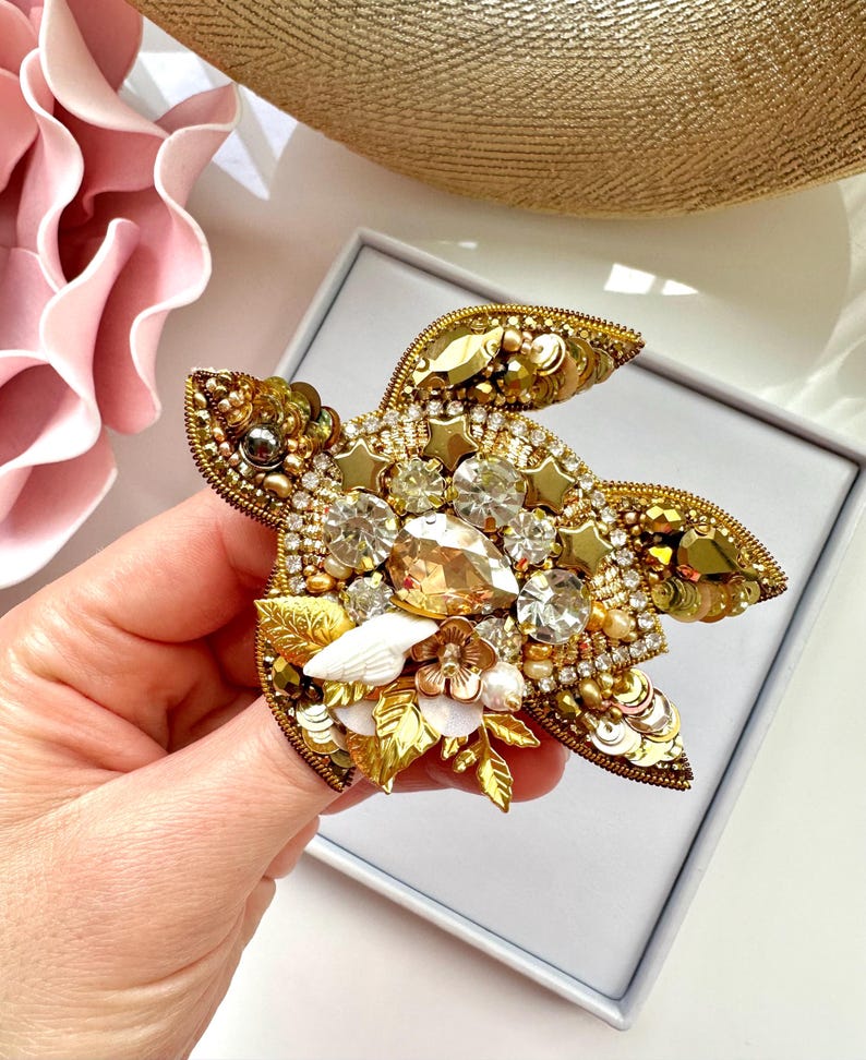 Handmade Beaded Sea Turtle Brooch: Gold Crystal Tropical Design
