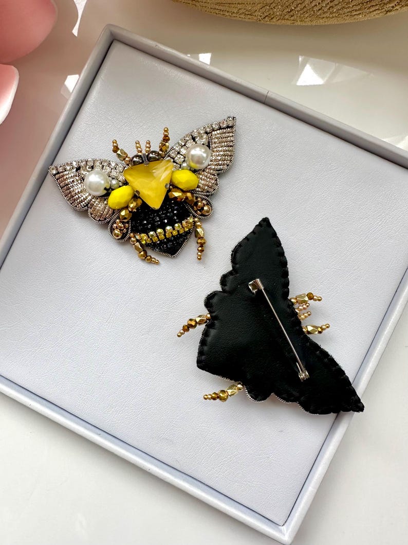 Handmade Rhinestone Bee Brooch: Embroidered Designer Pin (3”x 2”)