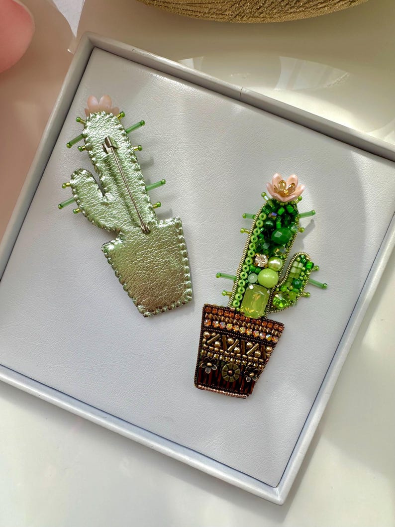 Hand-Embroidered Cactus Brooch: Beaded Designer Pin