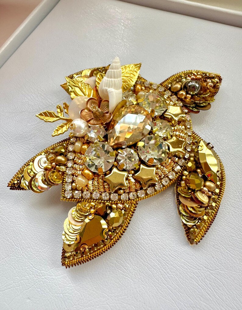 Handmade Beaded Sea Turtle Brooch: Gold Crystal Tropical Design