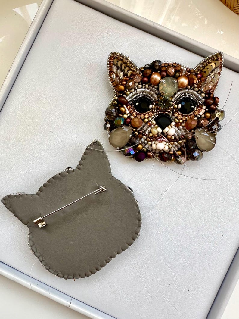 Handmade Beaded Cat Brooch: Embroidered Forest Cat Pin