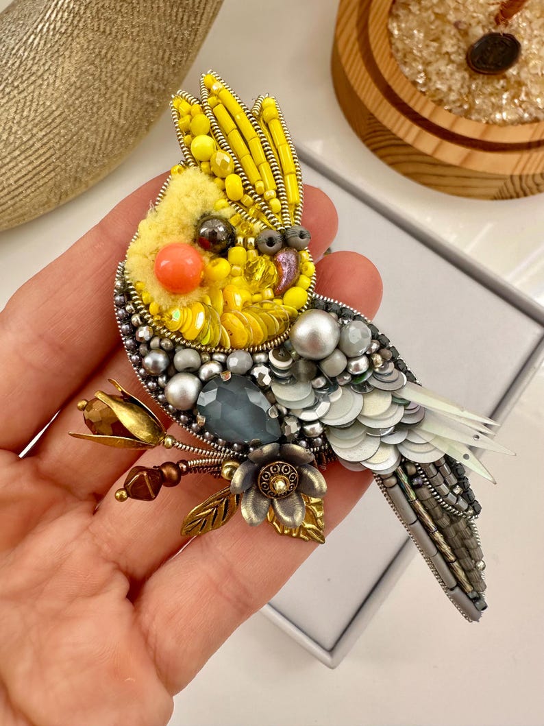 Hand-embroidered brooch Yellow Parrot Handmade designer pin brooch. Handmade gift Beaded brooch Handmade Birthday Gift for her (one brooch)