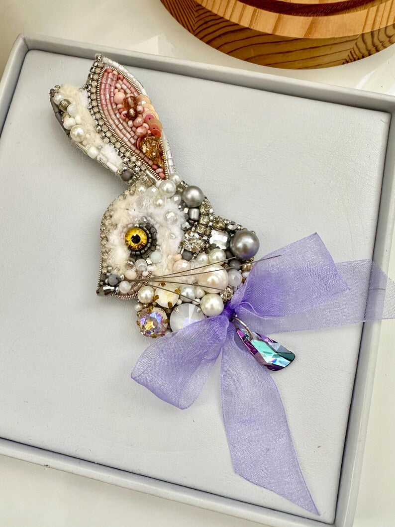 Beaded brooches “White Rabbit” with purple bow. Handmade designer brooch. High quality accessories. Unique design brooch.