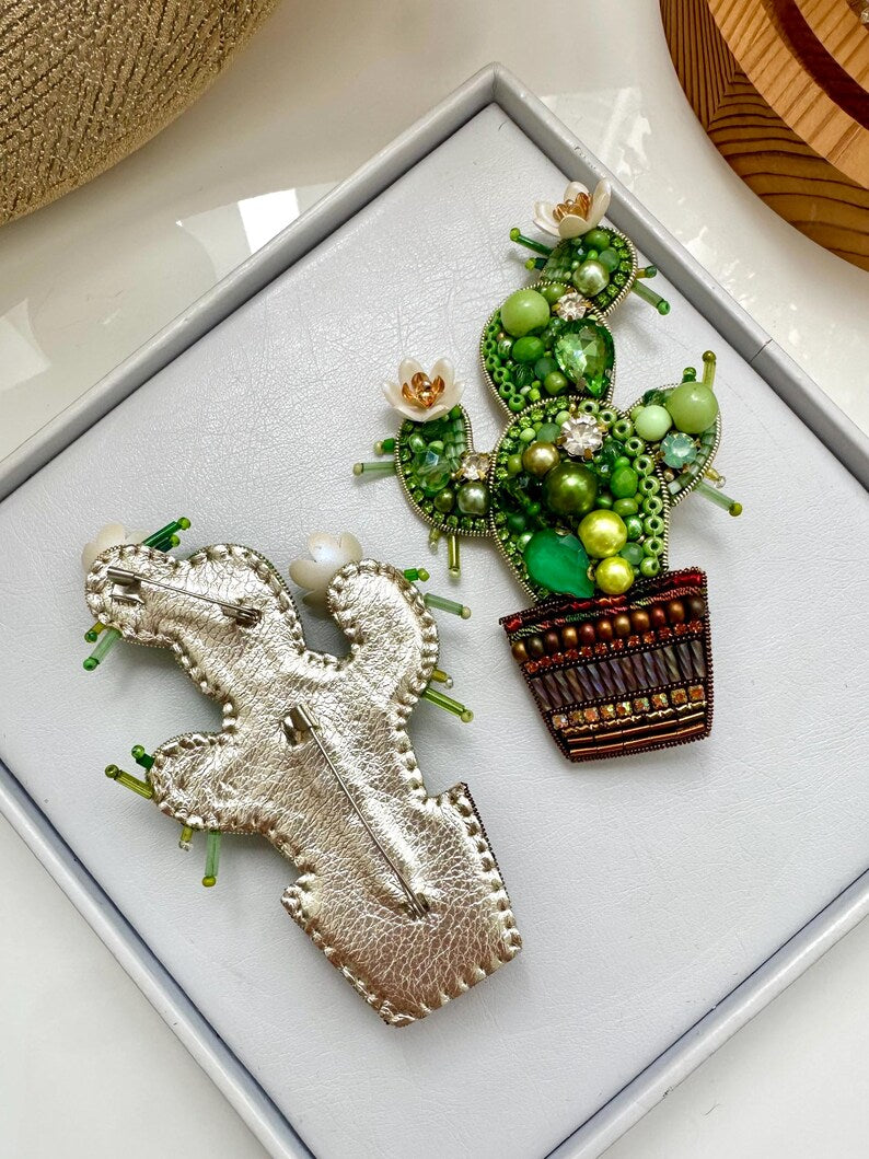 Hand-embroidered brooch Green Cactus Handmade designer pin brooch. Handmade gift Beaded brooch Handmade Christmas Gift (one brooch)
