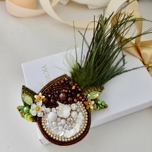 Handmade Beaded Coconut Brooch: Tropical Designer Accessory