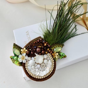 Handmade Beaded Coconut Brooch: Tropical Designer Accessory