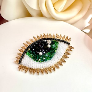 Handmade Beaded Evil Eye Brooch: Green Crystal Design