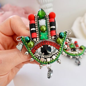 Handmade Hamsa Hand Brooch: Colorful Evil Eye Pin