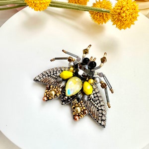 Hand-Embroidered Yellow Moth Brooch: Beaded Rhinestone Pin