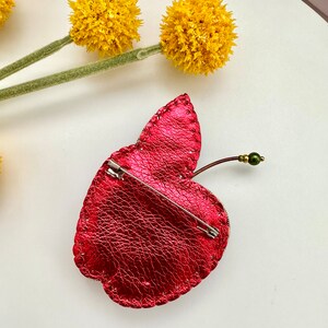 Hand-embroidered brooch ‘’Red Apple". Handmade colorful pin brooch. Designer accessories.
