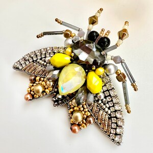 Hand-Embroidered Yellow Moth Brooch: Beaded Rhinestone Pin