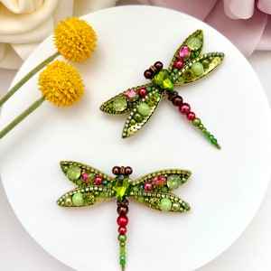 Hand-embroidered brooch ‘’Green Dragonfly"
