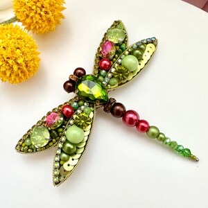 Hand-embroidered brooch ‘’Green Dragonfly"