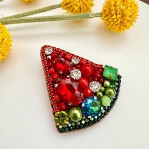 Hand-embroidered brooch ‘’Watermelon". Handmade colorful pin brooch. Designer accessories.