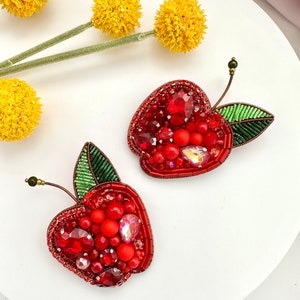 Hand-embroidered brooch ‘’Red Apple". Handmade colorful pin brooch. Designer accessories.