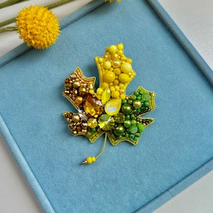 Handmade Beaded Maple Leaf Brooch: Embroidered Crystal Autumn Jewelry