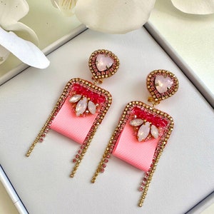 Handmade Pink Crystal Embroidered Earrings: Designer Celebration Jewelry