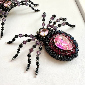 Handmade Beaded Spider Brooch: Pink Crystal Halloween Pin