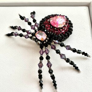 Handmade Beaded Spider Brooch: Pink Crystal Halloween Pin