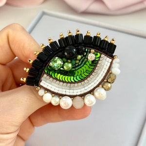 Handmade Beaded Evil Eye Brooch: Green Protective Amulet