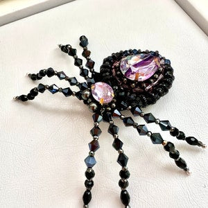 Halloween Beaded Spider Brooch: Purple Crystal Handmade Accessory