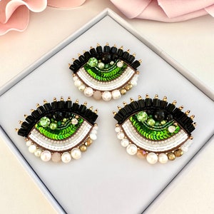 Handmade Beaded Evil Eye Brooch: Green Protective Amulet