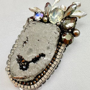 Handmade Beaded Druze Brooch: Designer Crystal Accessory