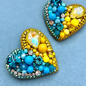 Handmade Beaded Heart Pin Brooch: Yellow & Blue Design