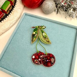 Hand-Embroidered Cherry Brooch: Beaded Embellishment
