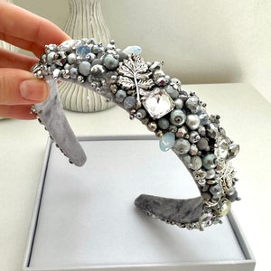 Silver Beaded Leaf Headband: Crystal Embellished Hair Tiara