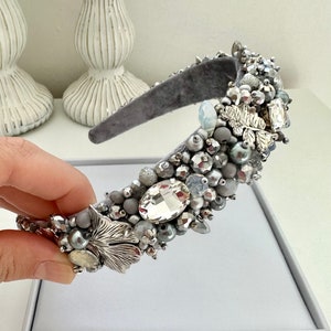 Silver Beaded Leaf Headband: Crystal Embellished Hair Tiara