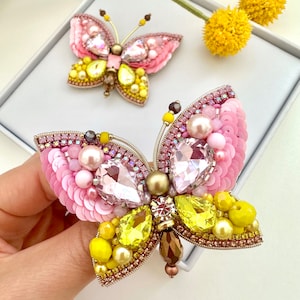 Hand-Embroidered Butterfly Brooch: Yellow & Pink Crystal Pin