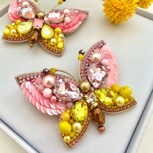 Hand-Embroidered Butterfly Brooch: Yellow & Pink Crystal Pin