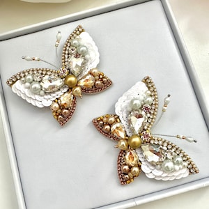 Hand-Embroidered Butterfly Brooch: Golden White Crystal Pin