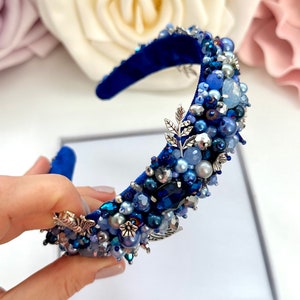 Blue Crystal Beaded Headband: Embroidered Jeweled Tiara