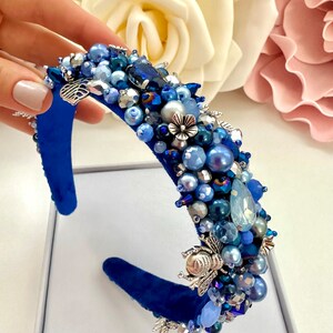 Blue Crystal Beaded Headband: Embroidered Jeweled Tiara