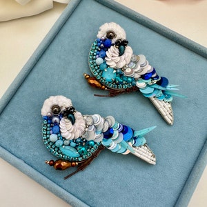 Hand-Embroidered Blue Bird Brooch: Beaded Parrot Pin