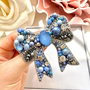 Hand-Embroidered Blue Bow Brooch: Beaded Designer Pin
