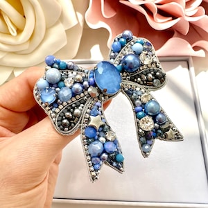 Hand-Embroidered Blue Bow Brooch: Beaded Designer Pin