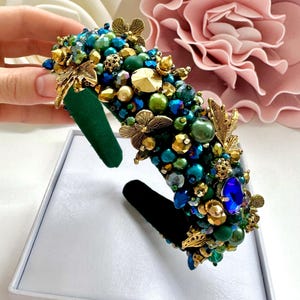 Handmade Crystal Beaded Headband: Embroidered Green Tiara