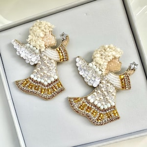 Hand-Embroidered Christmas Angel Brooch: Gold Holiday Pin