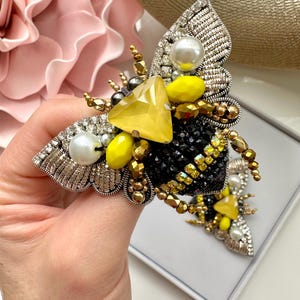 Handmade Rhinestone Bee Brooch: Embroidered Designer Pin (3”x 2”)