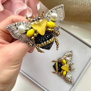 Handmade Rhinestone Bee Brooch: Embroidered Designer Pin (3”x 2”)