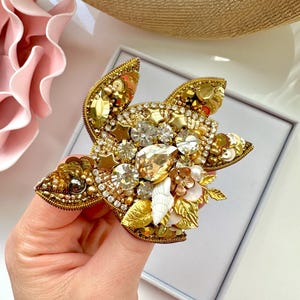 Handmade Beaded Sea Turtle Brooch: Gold Crystal Tropical Design
