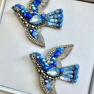 Hand-Embroidered Bird Brooch: Silver Blue Crystal Pin