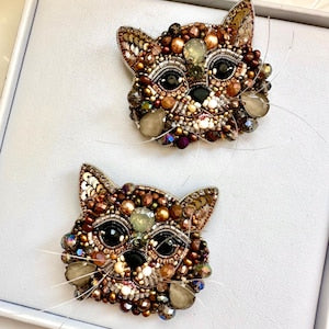 Handmade Beaded Cat Brooch: Embroidered Forest Cat Pin