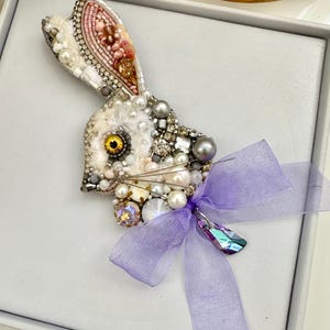 Beaded brooches “White Rabbit” with purple bow. Handmade designer brooch. High quality accessories. Unique design brooch.