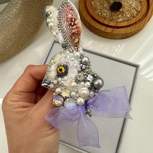 Beaded brooches “White Rabbit” with purple bow. Handmade designer brooch. High quality accessories. Unique design brooch.